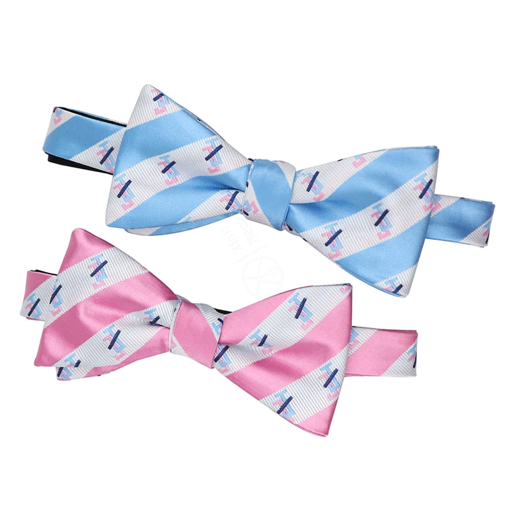 Cheap Adjustable Straps Blue Pink Striped Bowtie Jack and Jill Logo Polyester Custom Woven Bow Ties Suppliers