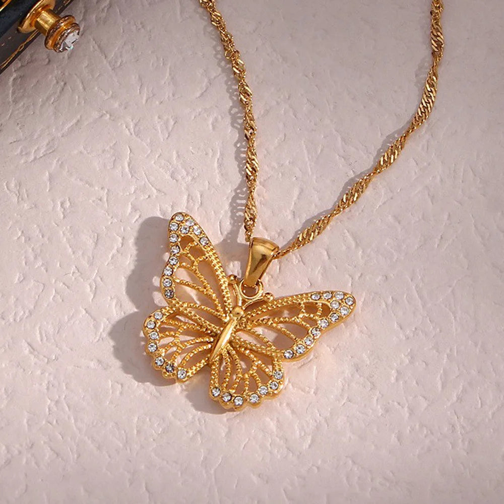 Ins Fashion Simple Animal Water Chain Hollow Zirconia Butterfly Pendant Waterproof Stainless Steel Necklace Gifts for Women