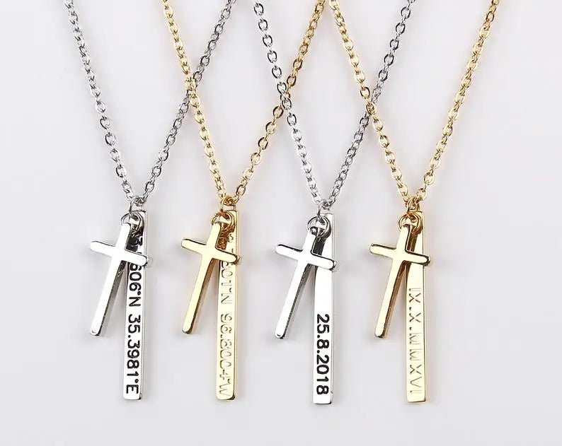 Custom Jewelry Stainless Steel Bar Engraved Coordinates Necklace Personalized Cross Charm Pendant Necklace for Men Women