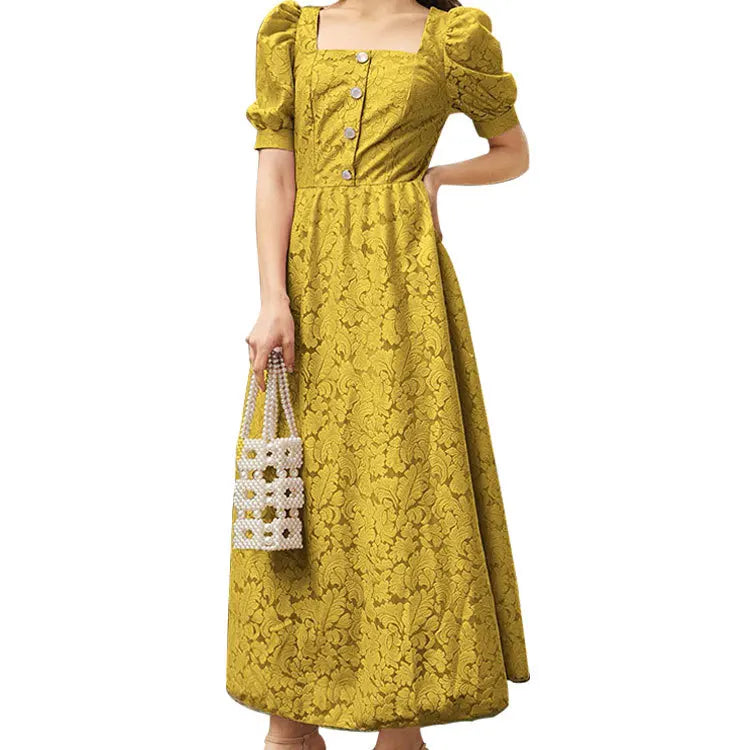 2022 Wholesale Square Neck Bubble Sleeve Dress Summer Fashion Lace Long Skirt Yellow Elegant Dress