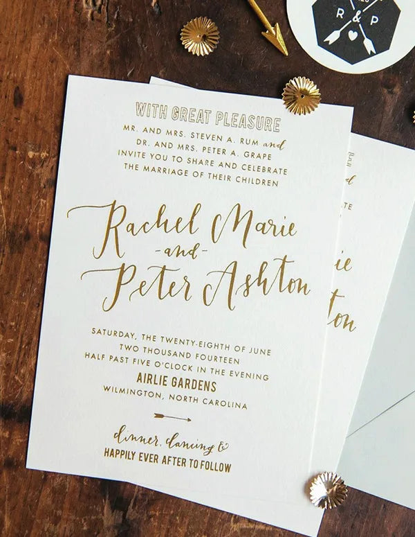 Classic Cotton Paper Wedding Invitation Card Gold Foiling Wording with Unique Design Rose Printing and Envelope