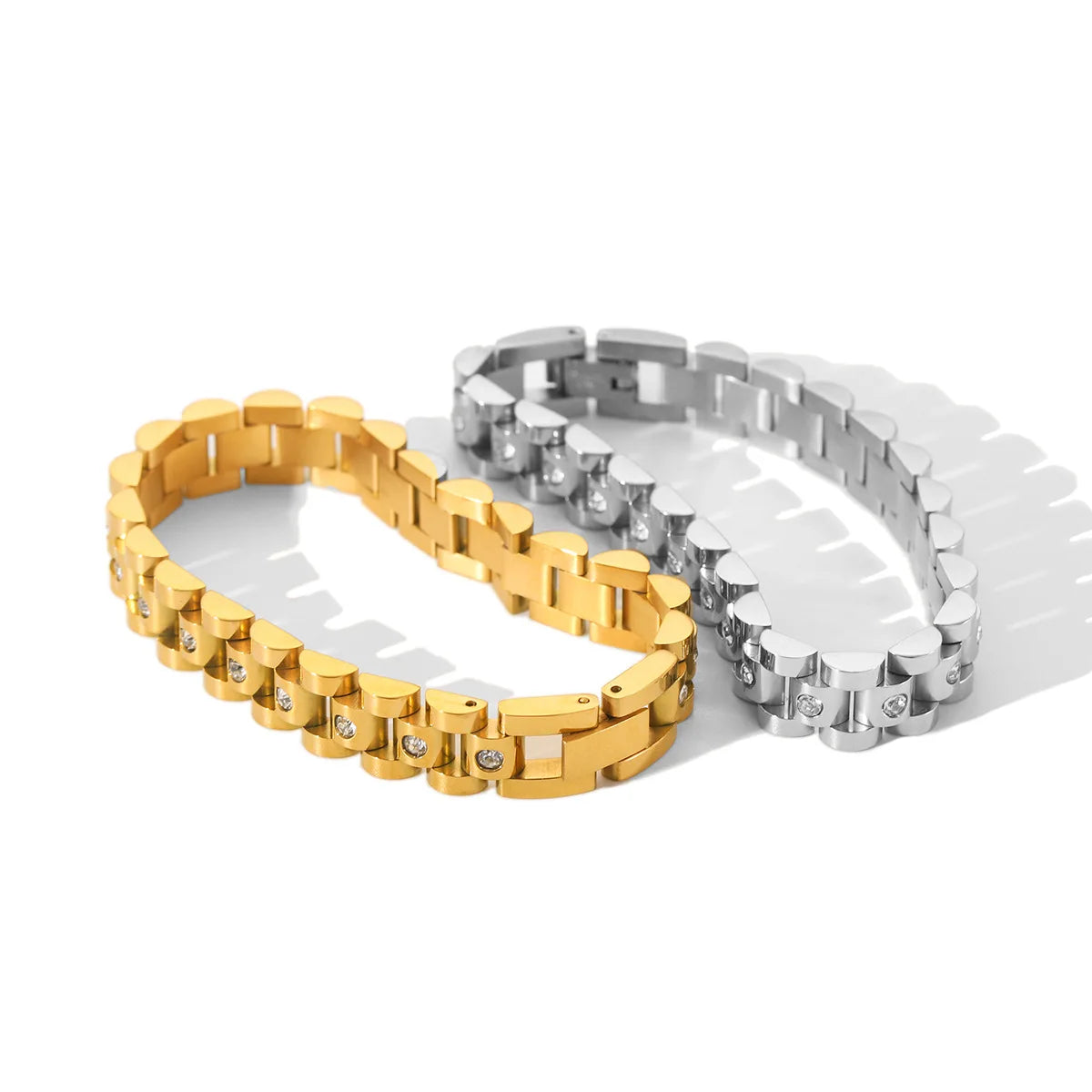 Luxury 18K PVD Gold Plated  Stainless Steel Classic Diamond Watch Chain Zirconia Bracelets for Women & Men