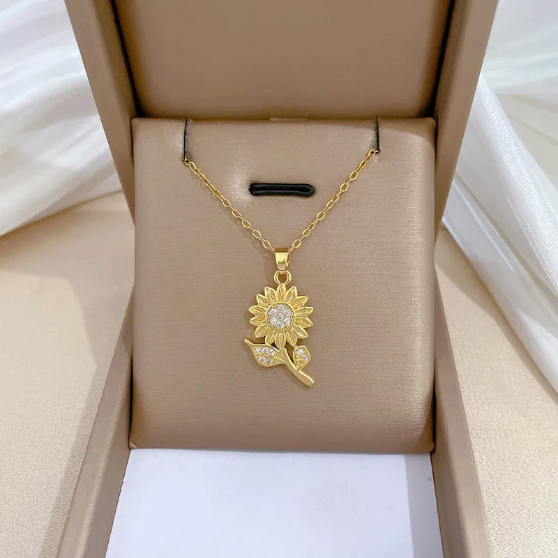 Light Luxury Titanium Steel Sunflower Zircon Full Diamond Necklace for Women Collar Chain Wedding Engagement Jewelry