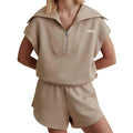 L230785 Custom Women Two Piece Set Half Zip Lapel Hoodie Top and High Waist Shorts Summer Casual Tracksuit Fashion Streetwear