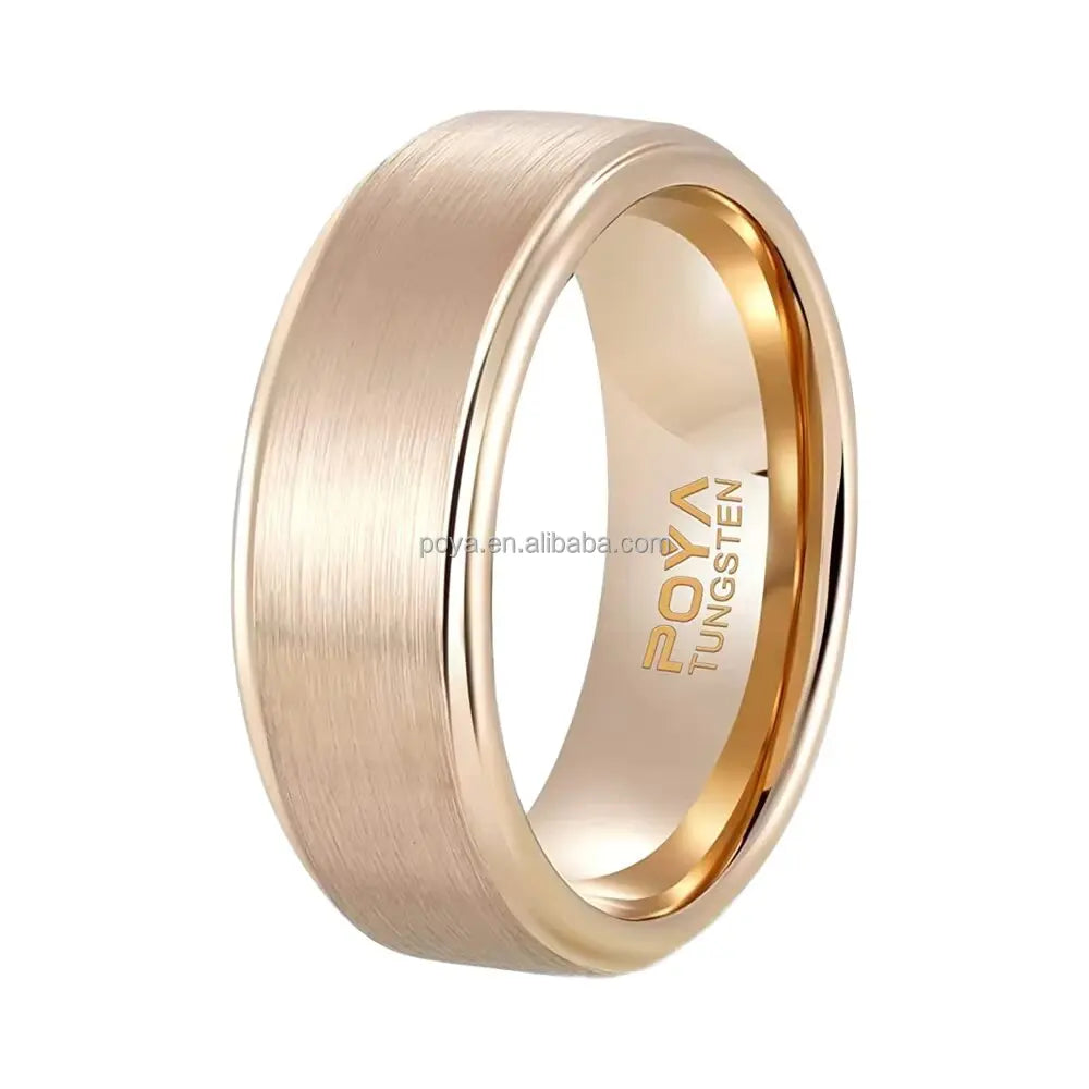 POYA 8mm Tungsten Wedding Ring Vintage Style Rose Gold Plated Stepped Edges Finish Comfort Fit for Men's Engagement & Gift
