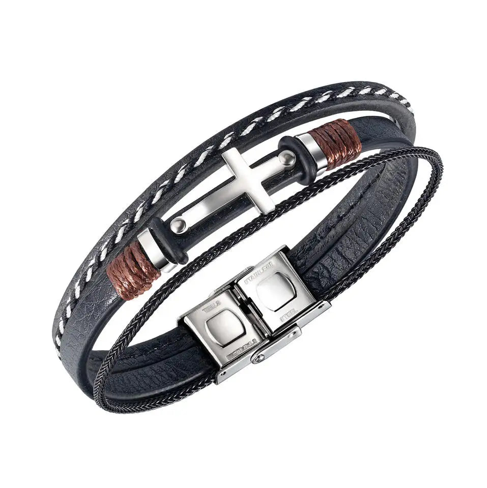 Male Genuine Leather Bracelet Fashion Jewelry Braided Wrap Multilayer Stainless Steel Clasp Leather Bracelet Bangles PH1437