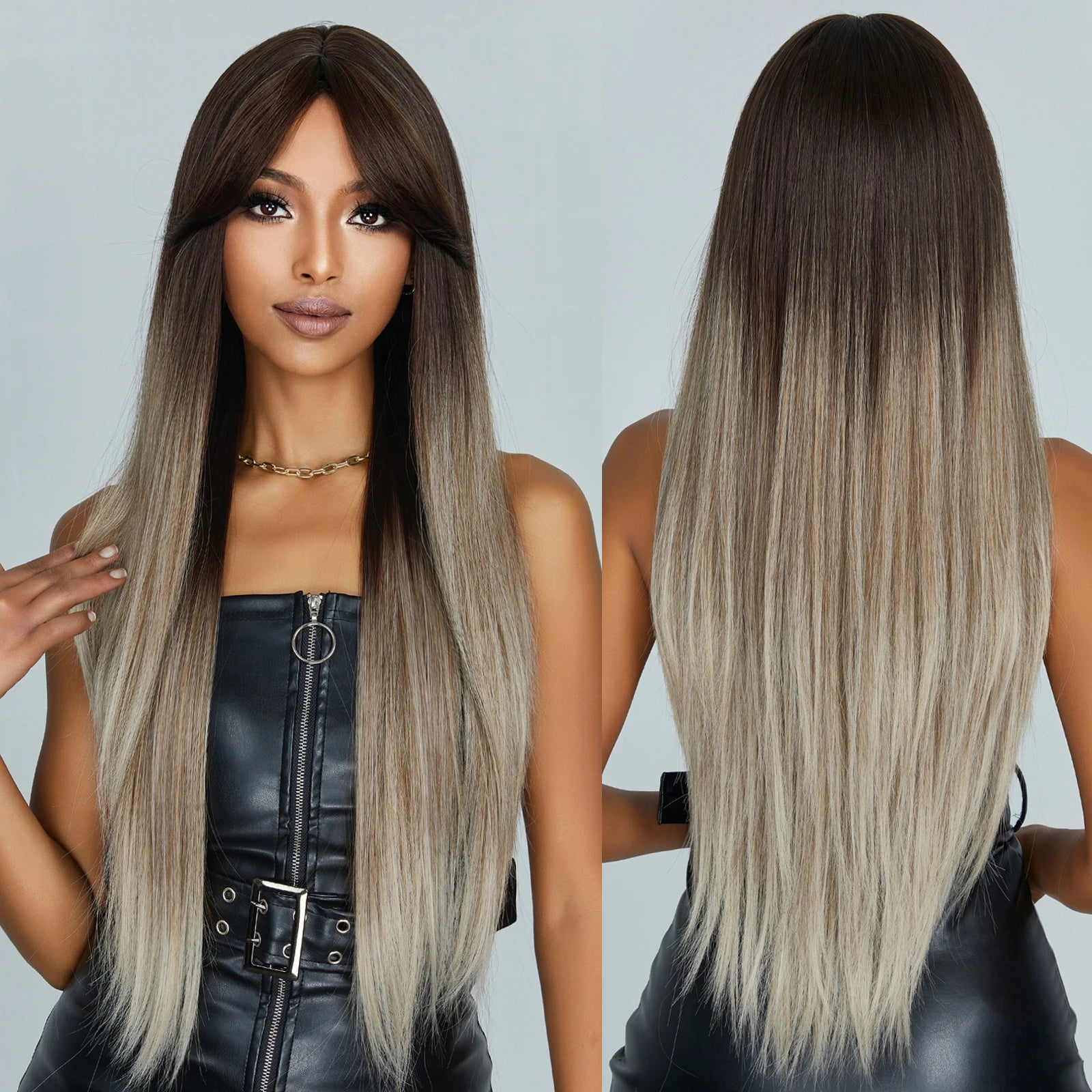 Factory Fast Delivery Ombre Gray Brown Synthetic Wigs Long Straight Ash Wig with Bangs for Women Natural Heat Resistant Hair