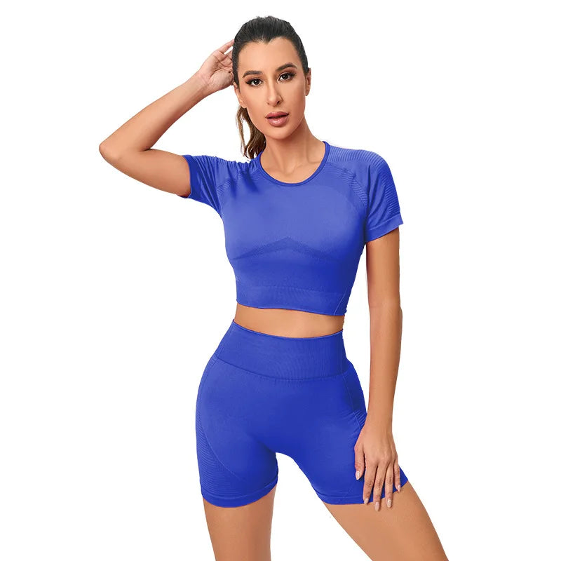 Women's New Summer Sports Fitness Back Short Sleeve 2-Piece Set Breathable Lightweight Spandex/Nylon Elastic Waist