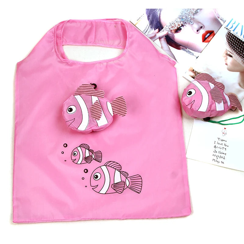 Print Cute Fish Cartoon Animal Polyester Tote Bag Reusable Foldable Biodegradable & Recyclable Grocery Shopping Bags