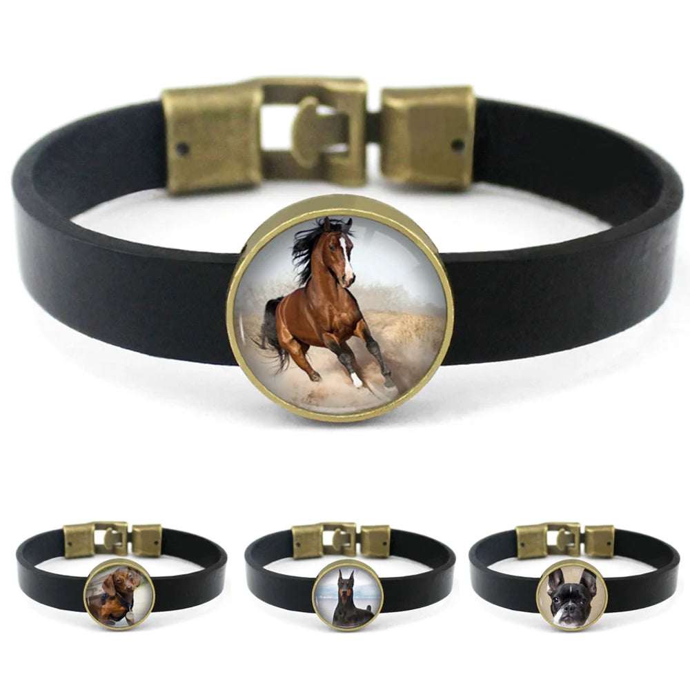 Factory Custom Genuine Leather Pet Dog Cat Mom Horse Butterfly Dome Glass Cabochon Jewelry Charm Bracelet