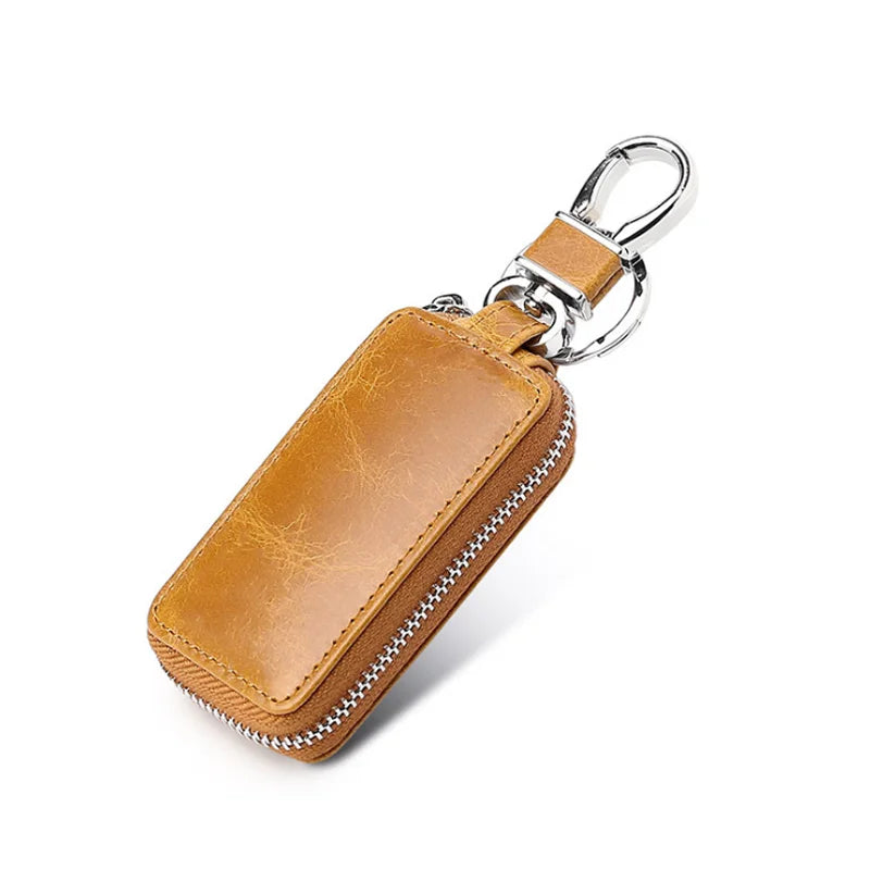 2025 Cowhide Leather Car Key Case Holder with Stainless Steel Hook Key Holder Case Metal Zipper