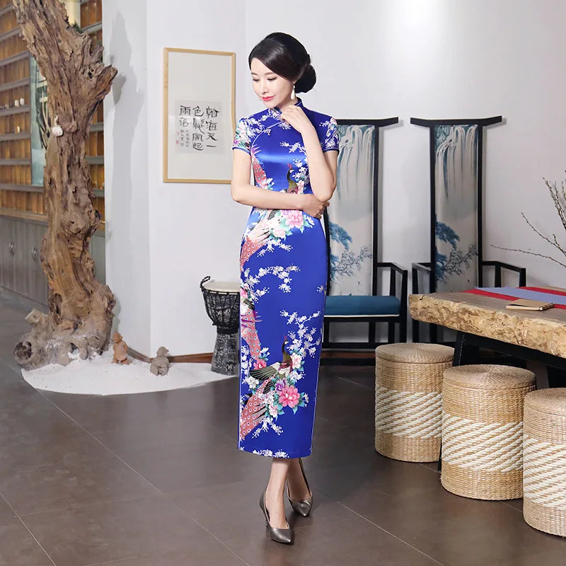 Wholesale 2023 New Spring Summer Improved Cheongsam Skirt Long Vintage Satin Printed Daily Banquet Women's Performance Clothing