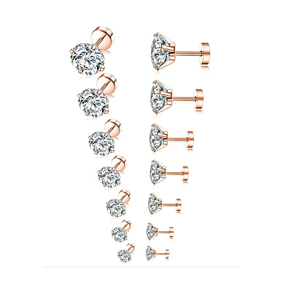 Luxury Stainless Steel Jewelry Four Claws Ear Bone Studs with Zircon round Earrings for Wedding & Gift