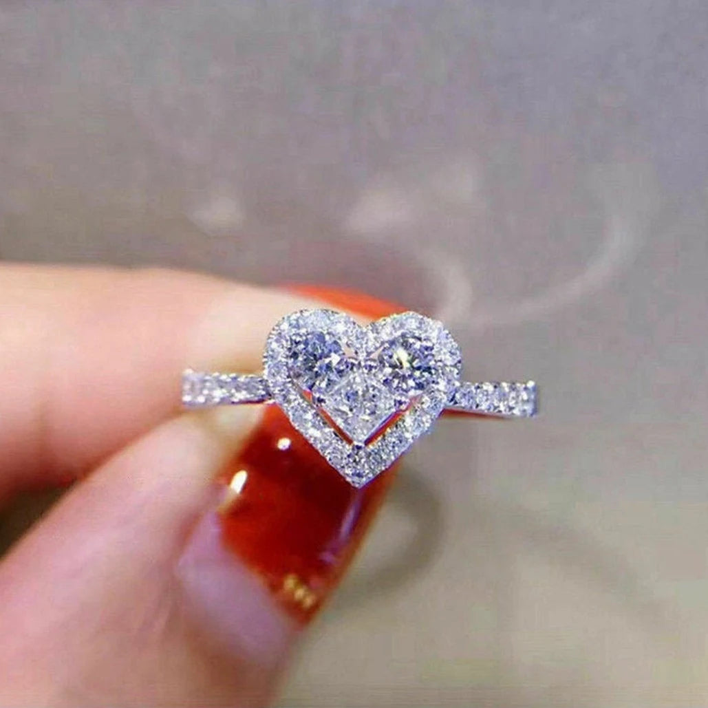 Huitan Hollow Heart Gemstone Macro Pave Zircon Thin Rings Lovely Girls Sweet Silver Sweet Heart Ring