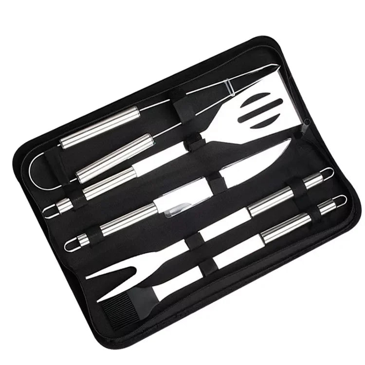 5pcs Stainless Steel Grilling Tools Set with Carry Bag Outdoor Camping BBQ Cooking Utensils Kit Grill Accessories