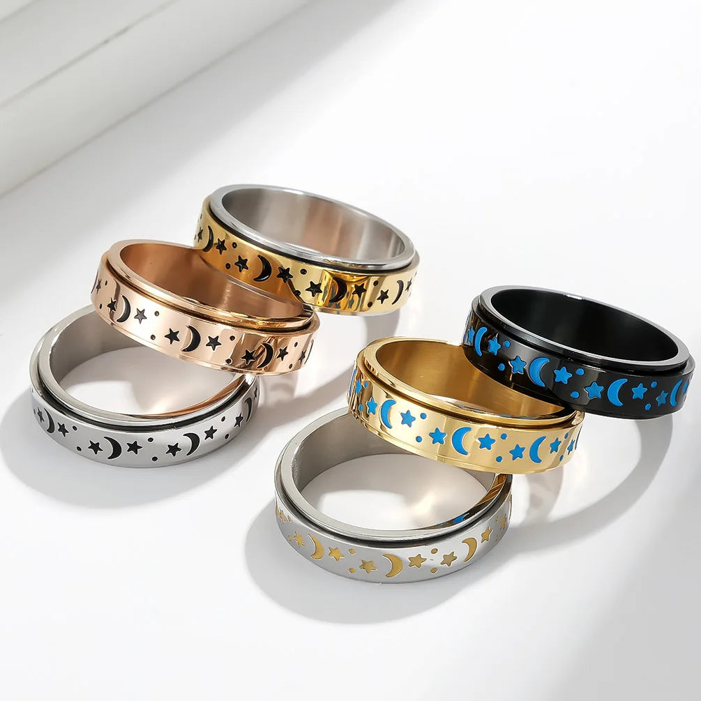 Hot-Sale Star Moon Glow in the Dark Rotating Ring Stress Relief Relieves Anxiety Rotatable Titanium Steel Ring Wholesale