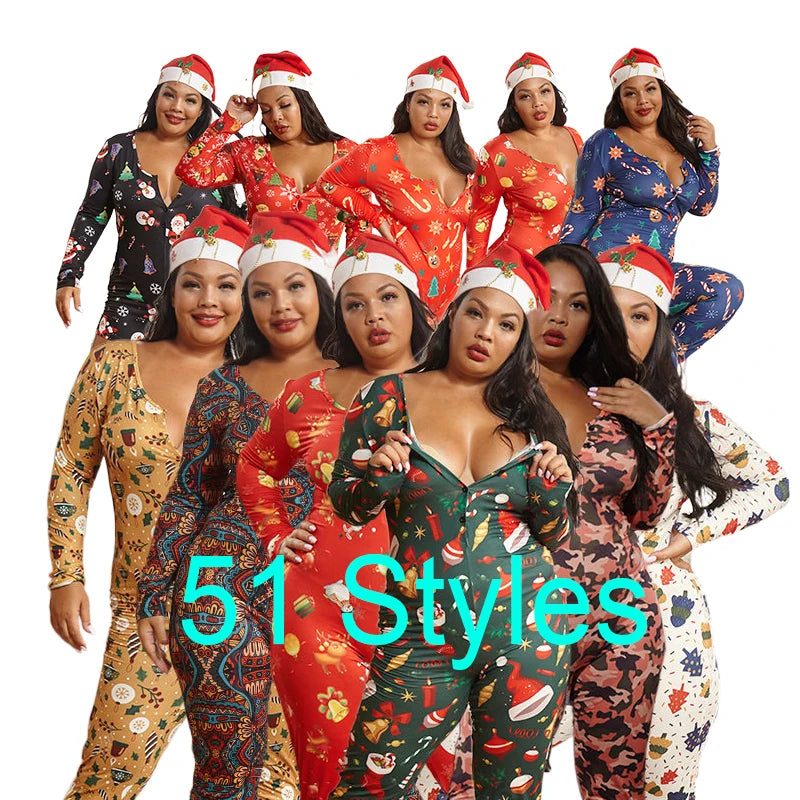 Women's Plus Size Christmas Onesie Pajamas 5XL Elastic Waist V-neck 100% Polyester Breathable Custom Wholesale