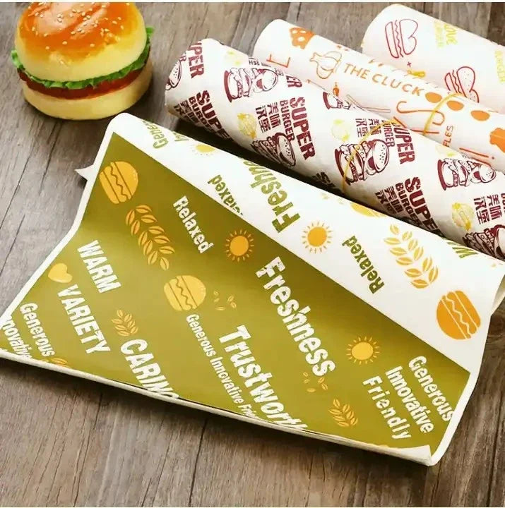 Custom Sizes Food Grade Coated Greaseproof Paper for Burger Chicken Roll Wrapping Milk Bread-Recyclable