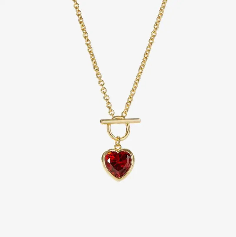 Factory Wholesale Trend OT Buckle Heart Jewelry Stainless Steel Paved Punk Red Zircon Heart Pendant Necklace