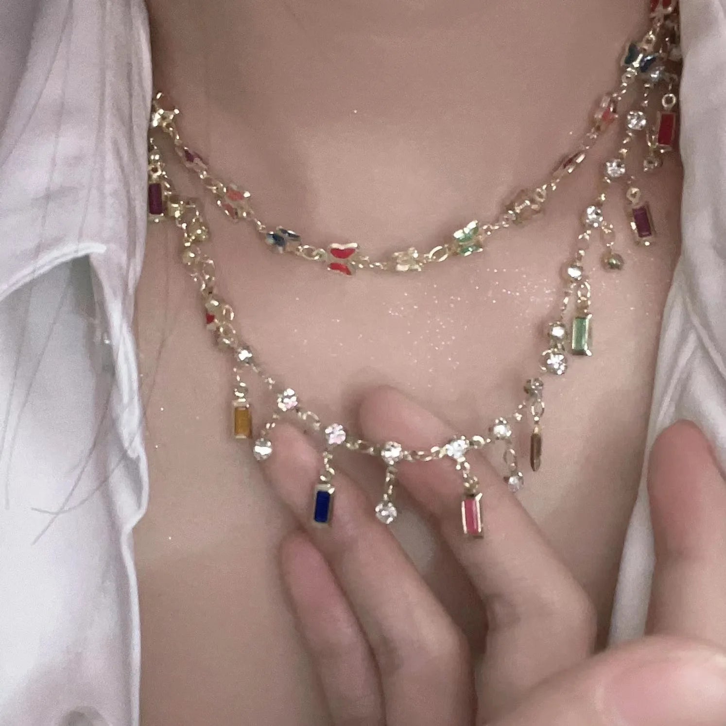 Mermaid Princess~Colorful Square Crystal Butterfly Pendant Clavicle Chain Necklaces for Women Jewelry