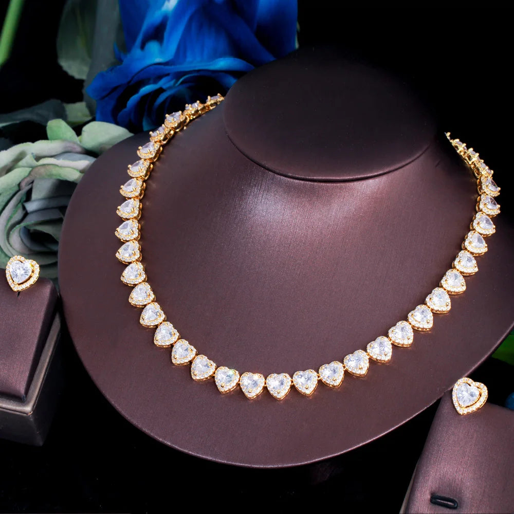 Classic African Cubic Zirconia Love Heart Women Engagement Wedding Necklace Jewelry Sets for Brides Party Dubai Gold Plated