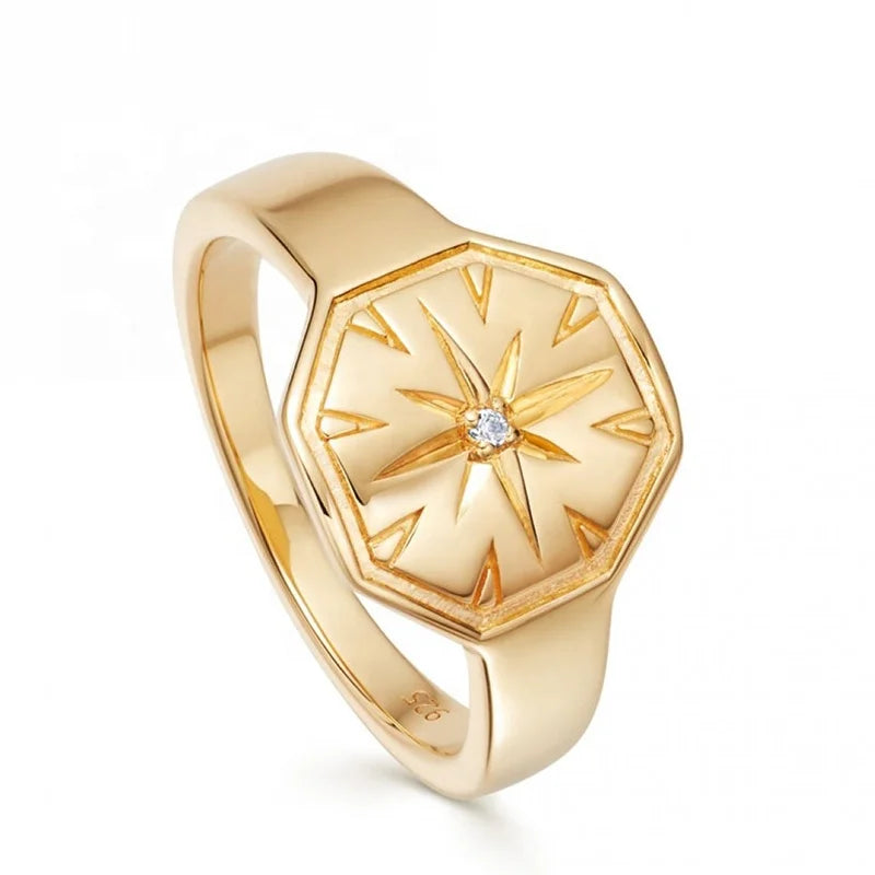 Milskye Wholesale Classic Jewelry 925 Sterling Silver 14k and 18k Gold Plated starburst Signet Ring