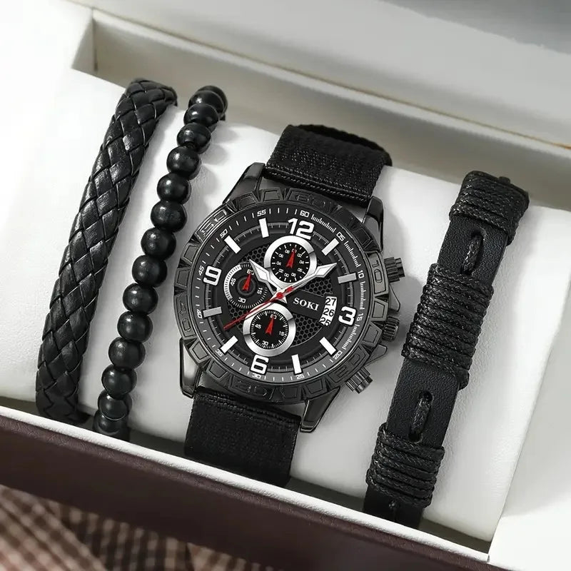 2024 New Men's Business 4-piece Jewelry Watch Set Casual Watch and Bracelet Men's Gift Set
