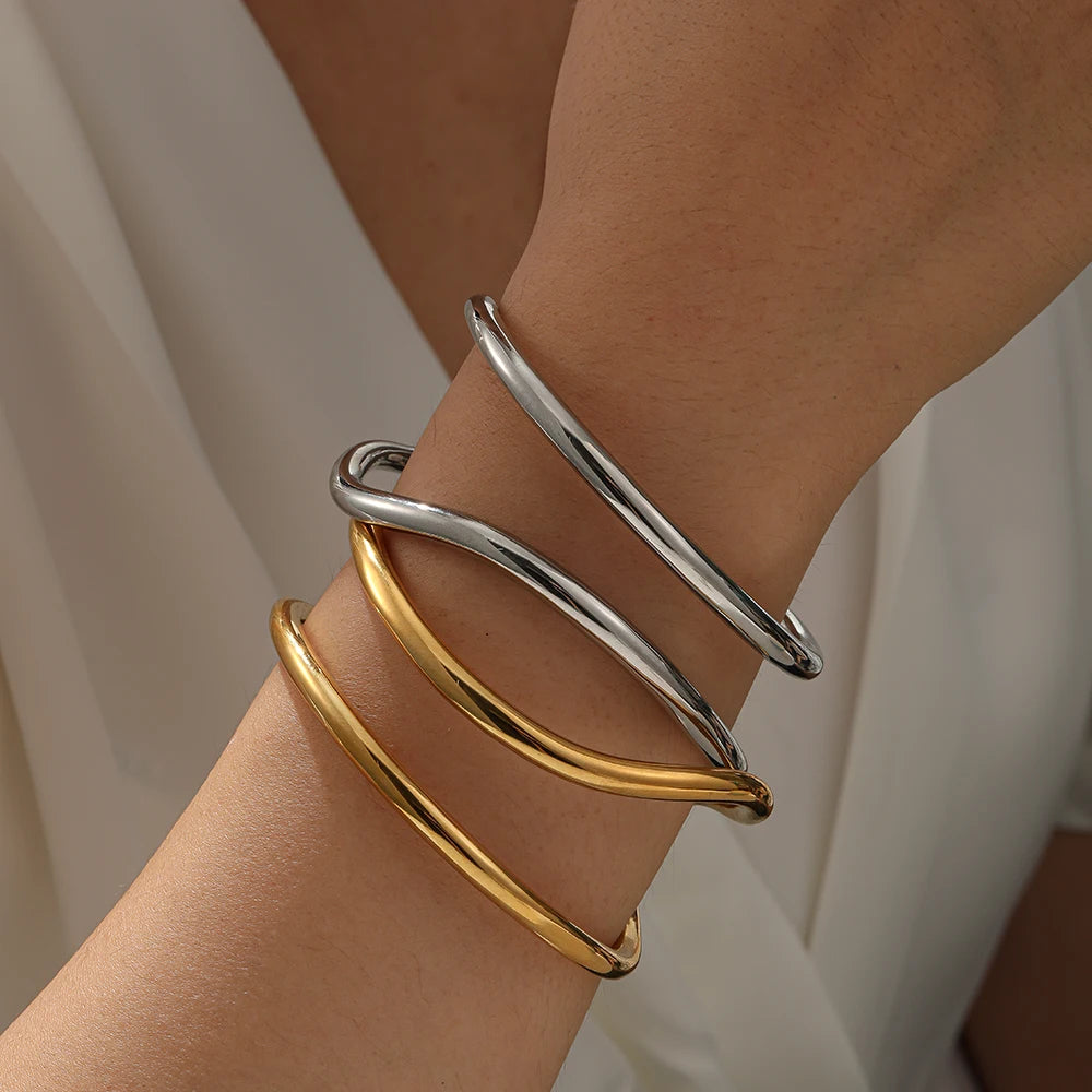 Hypoallergenic Stainless Steel Open Bracelet  Irregular Shape Waterproof Design Two Layered Cuff Bangles Hand Polishing Jewelry