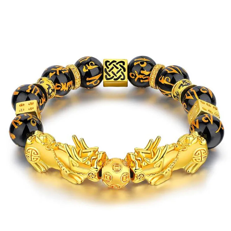 Chinese Lucky Bracelets Gold Plated Beads Feng Shui Black Obsidian Wealth Bracelet