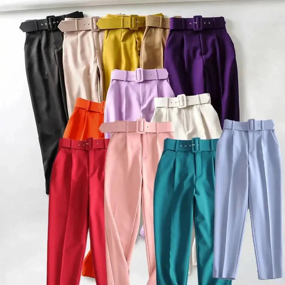 Hot Sale New Style Trousers With Belted Pure Color Feet Pant