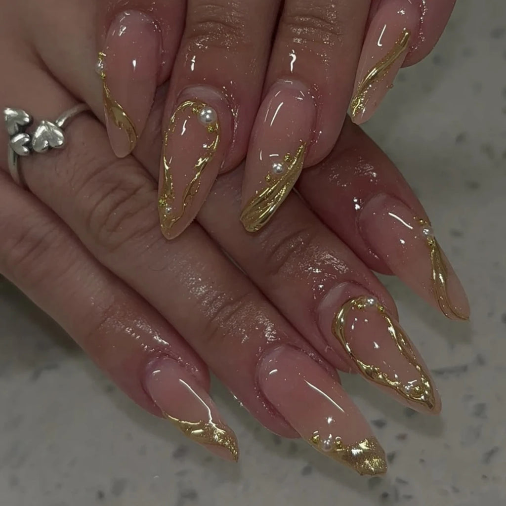 Wholesale 3873 Elegant Gold Leaf and Pearl Accents Short Almond False Nails Press on Nails Artificial Fingernails Customize