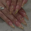 Wholesale 3873 Elegant Gold Leaf and Pearl Accents Short Almond False Nails Press on Nails Artificial Fingernails Customize