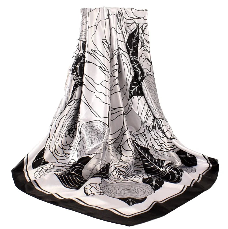 Low MOQ Made in China Satin Silk Fashion Scarf Camellia Print 90*90cm Polyester Large square Tudung Arabic Muslim Hijab