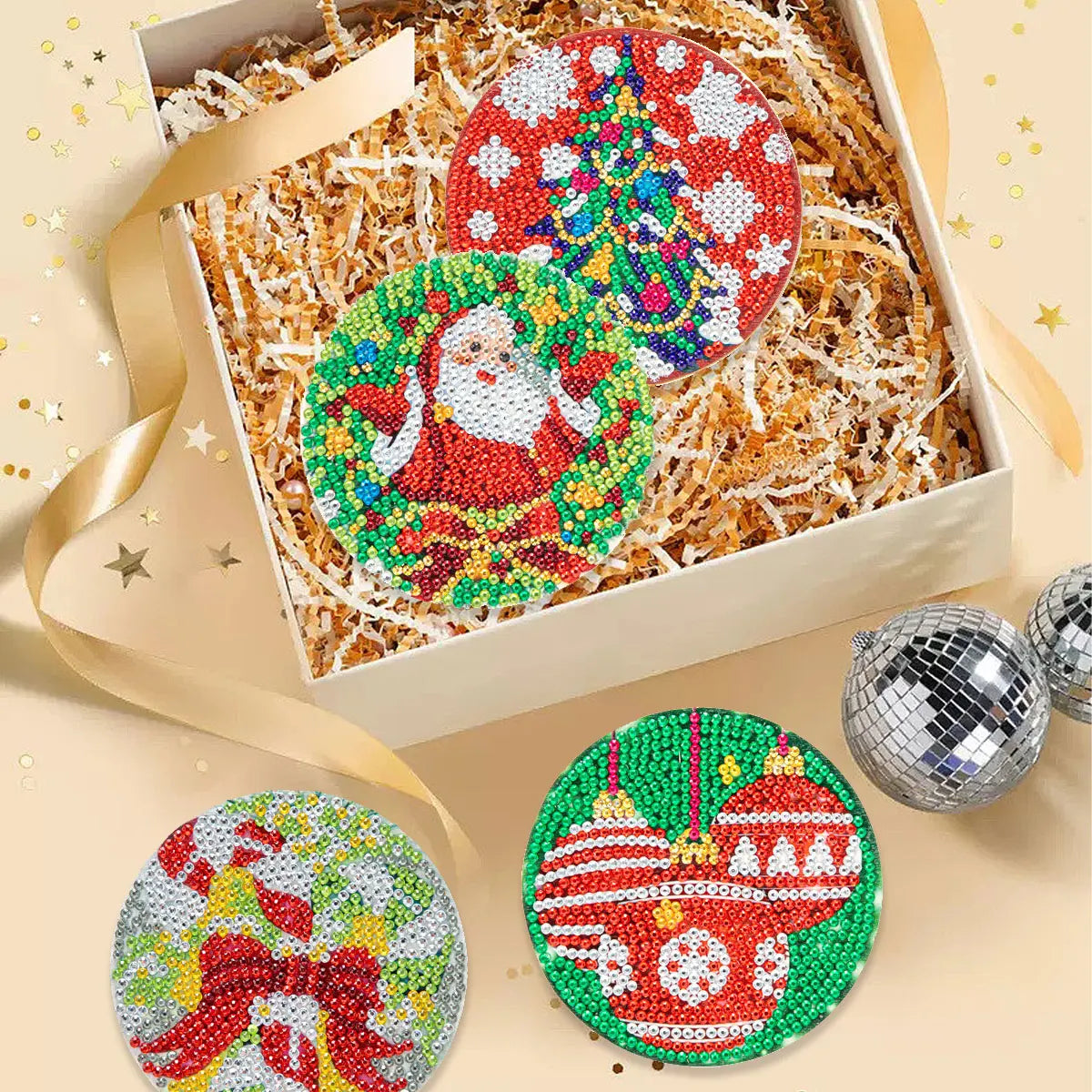 6pcs DIY Santa Claus Cross Stitch Diamond Painting Coasters Kit Plastic Landscape Embroidery Handicraft Christmas Decoration