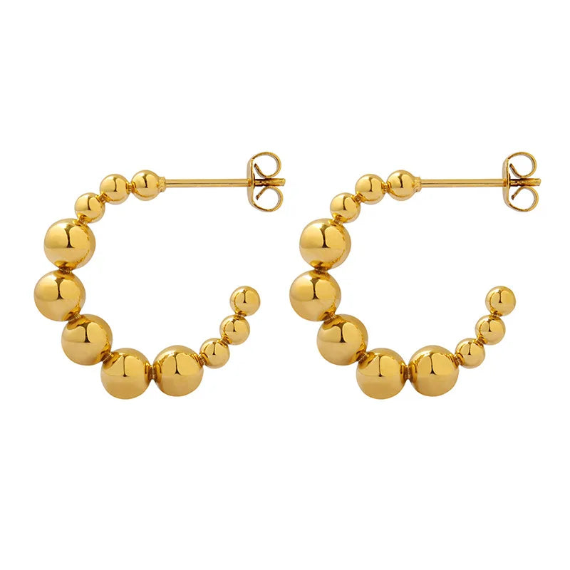 INS Simple Stainless Steel 18K Gold Plated Beads C Shaped Earring Titanium Steel IP Geometric C Shaped Bead Ball Earring Jewelry
