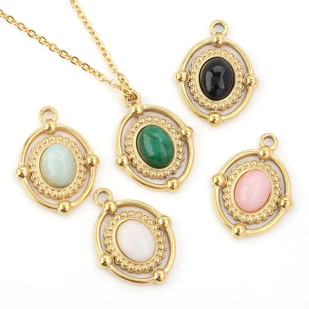 Fashion 18k Retro Texture Earring Oval Gemstone Necklace Pendant for Jewelry Bracelet Accessories