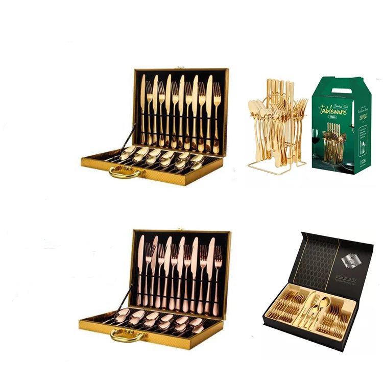 Hot Sale Luxury Gold Flatware Set Restaurant Stainless Steel 24pcs Cutlery Set With Case