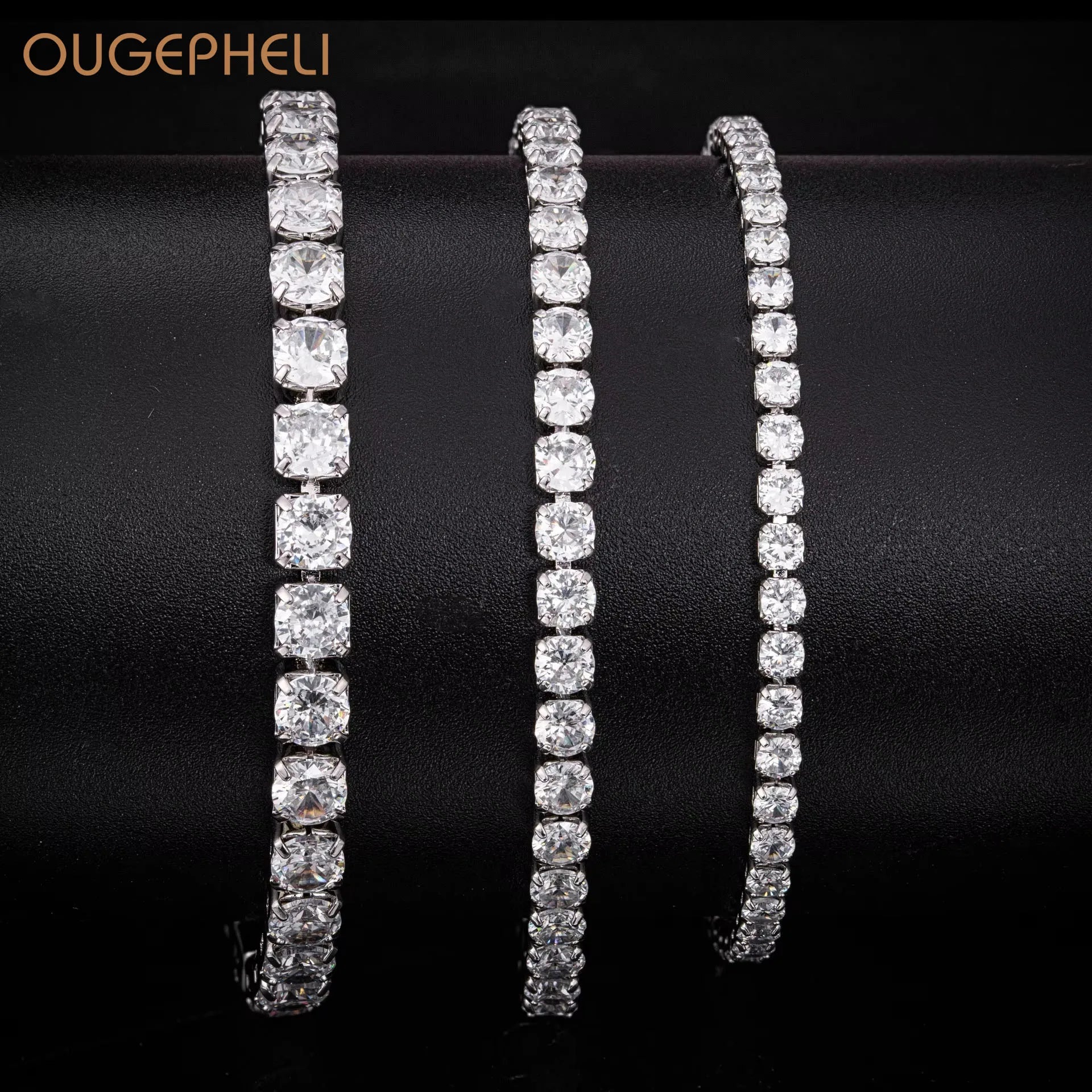 OUGEPHELI Hip Hop Single Row Gold Plated Round Tennis Chain Bracelet Micro Dense Square Cubic Zirconia 3/4/5mm CZ  Punk Bracelet