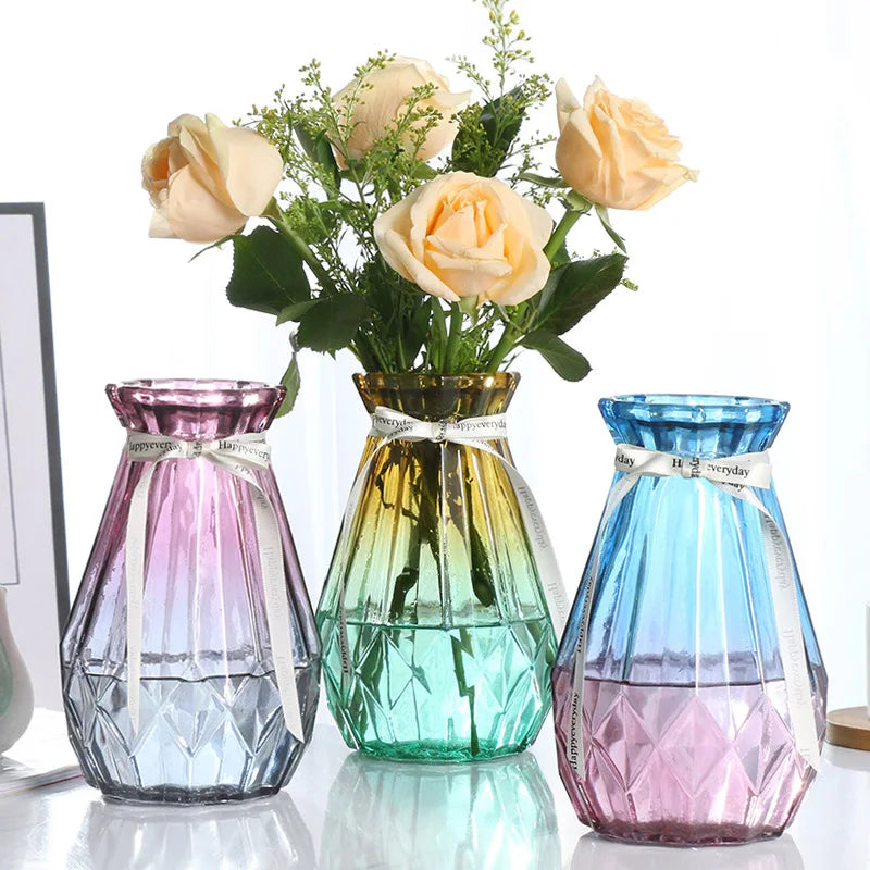 European-Style Gradient Glass Vase Creative Home Hydroponic with Ribbon Tall Acrylic Flower Vase Flared Tabletop Design