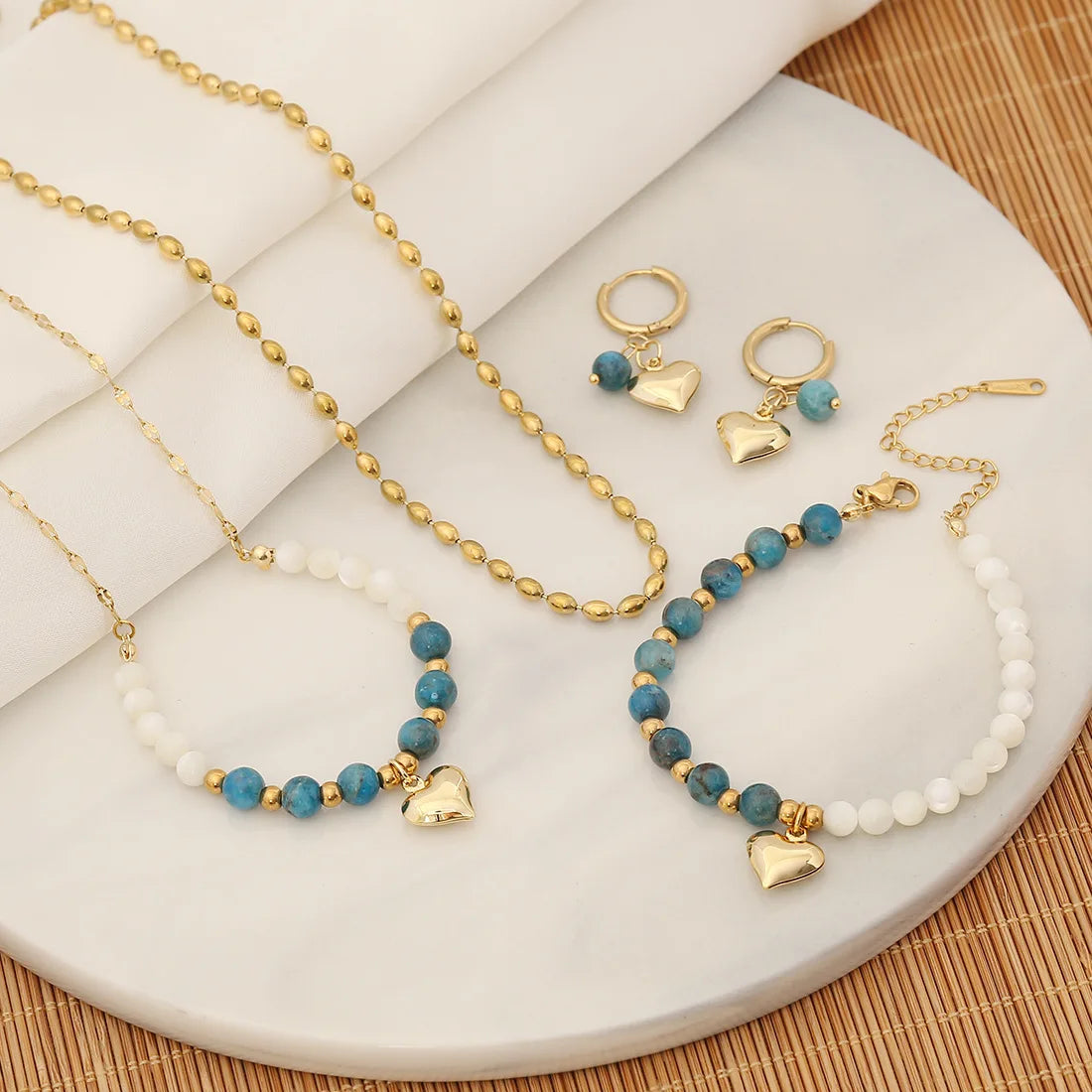 Women 18k Gold Plated Heart Necklace Earrings Bracelet Jewelry Set 316L Stainless Steel 3 Pcs Jewelry Set