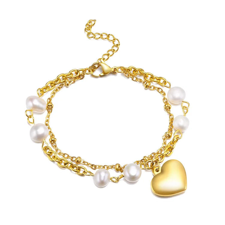 New Arrival Double Layer Chain Bracelets Stainless Steel Gold Plated Fashion Women Accessories Heart Charms Pearl Bracelet