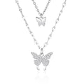 925 Silver Color Shiny Butterfly Necklace Micro Inlaid Necklace Double Layer Pendant Necklace for Women