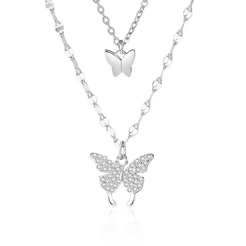 925 Silver Color Shiny Butterfly Necklace Micro Inlaid Necklace Double Layer Pendant Necklace for Women