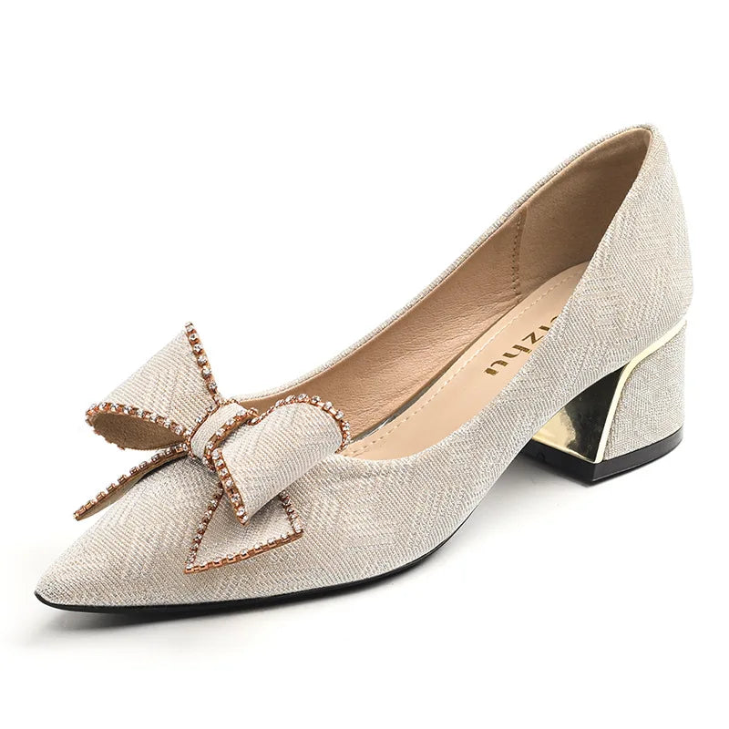 2023 New Spring Korean Style Evening Shoes Slip-On Chunky Heel Pointed Toe Women Mid Heel Large Size 41-43
