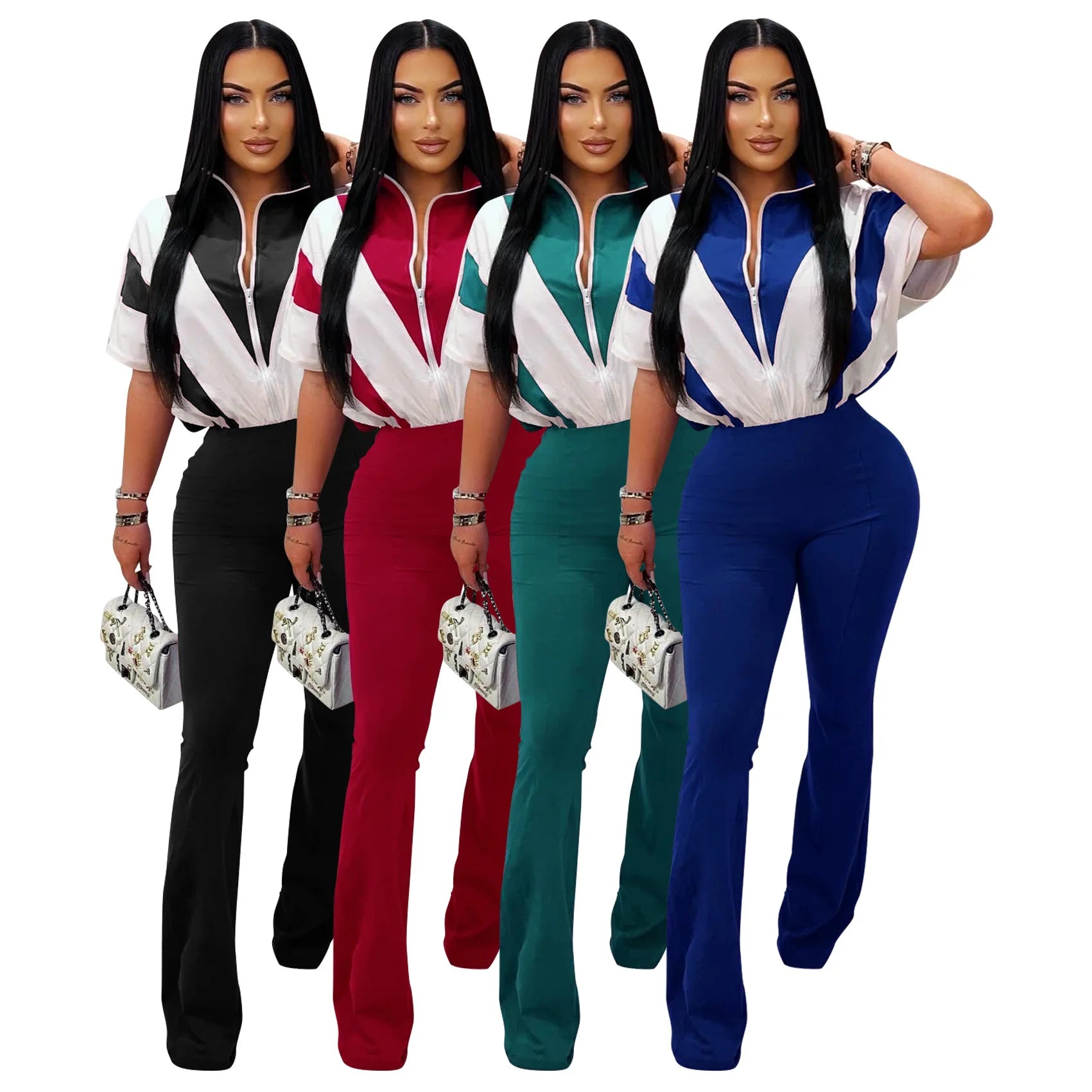 Custom logo 2026 Women Half Zipper Short Sleeve and Long Pants Jumpsuits Fashion New Design Casual Summer Jumpsuits