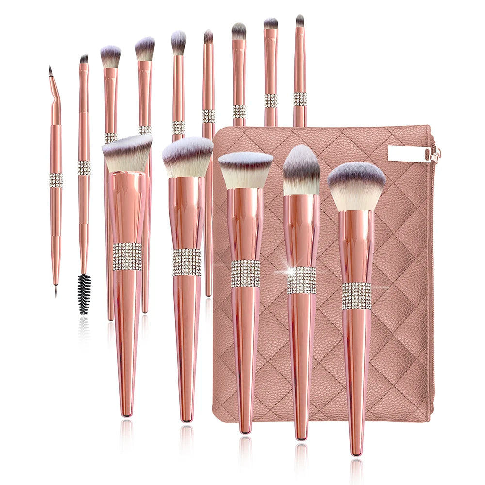 Hot Sell Private Label Rose Gold Makeup Brushes Set 14pcs Rhinestone Soft Bristle Makeup Brush with Packing Bag