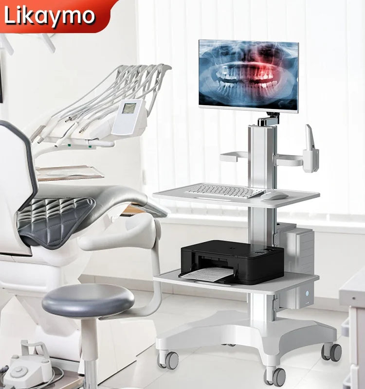 Printer Tray ABS Plastic Aluminum Hospital Furniture Medical Cart With Oral Scanner Computer Laptop and 2 Trays