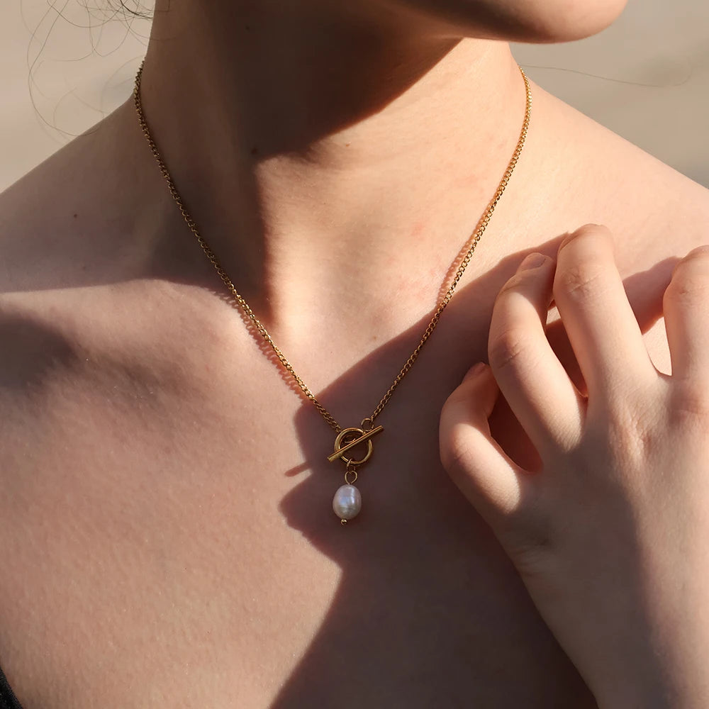 Women Waterproof Jewelry Gift 18K Gold Plated Fresh Water  Clasp Pearl Pendant OT Buckle Necklace