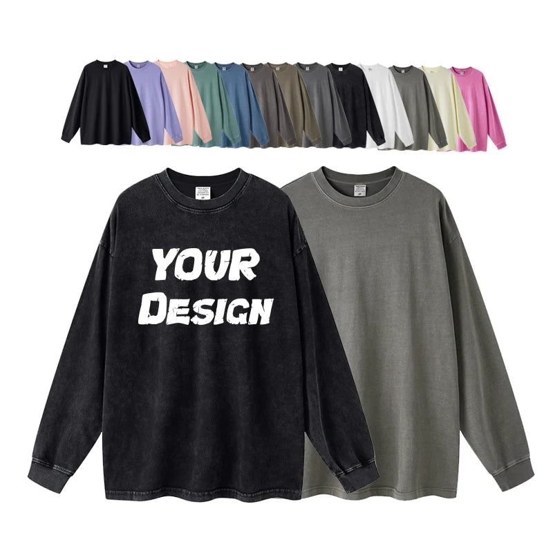 Wholesale 260G T-shirts Unisex Oversize Wash and Old Long Sleeve T-shirts Street 100% Cotton Good Material Men's Casual Wear.