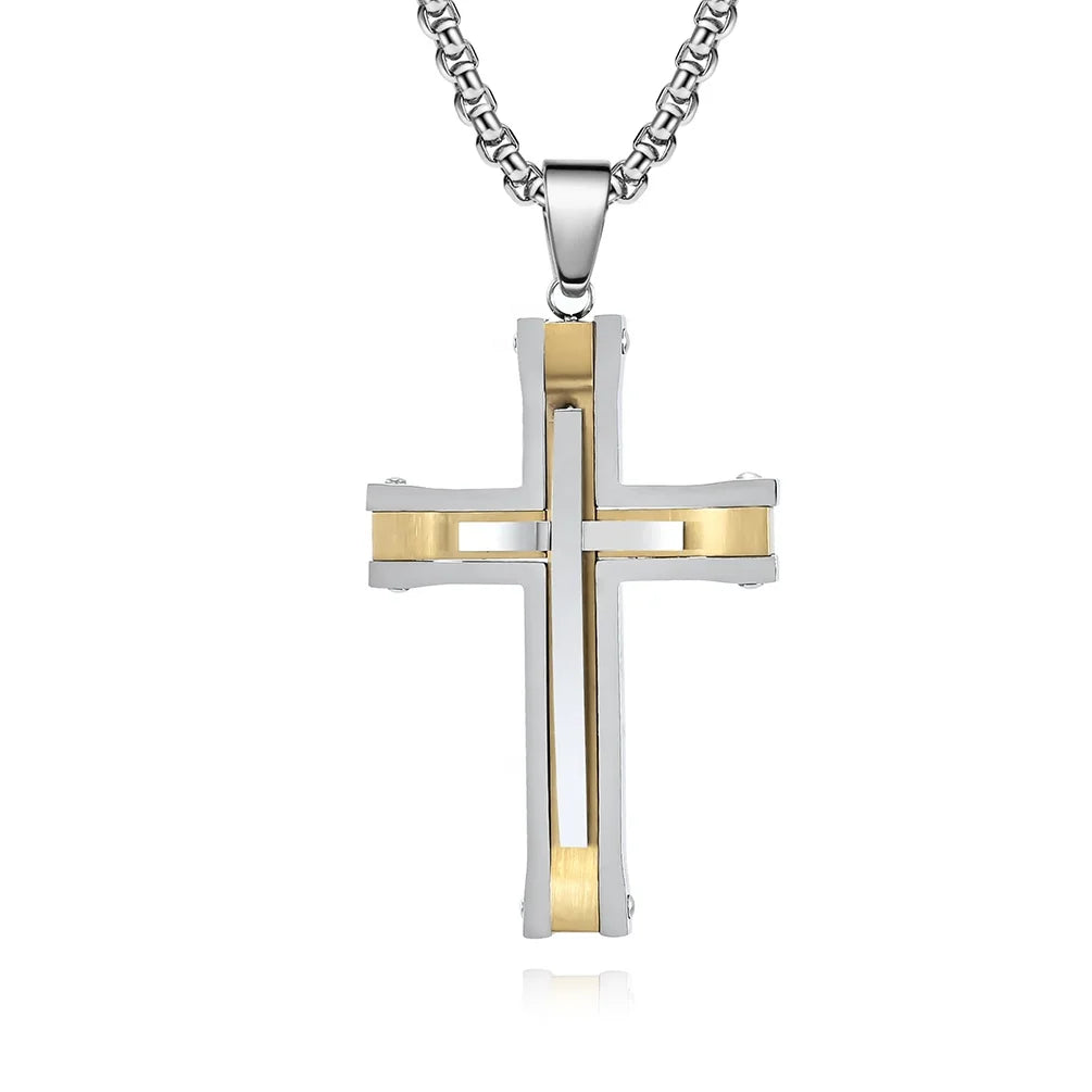 Combination Dual Color Riveted Cross Pendant for Fashion and Simplicity Stainless Steel 316L Pendant Necklace
